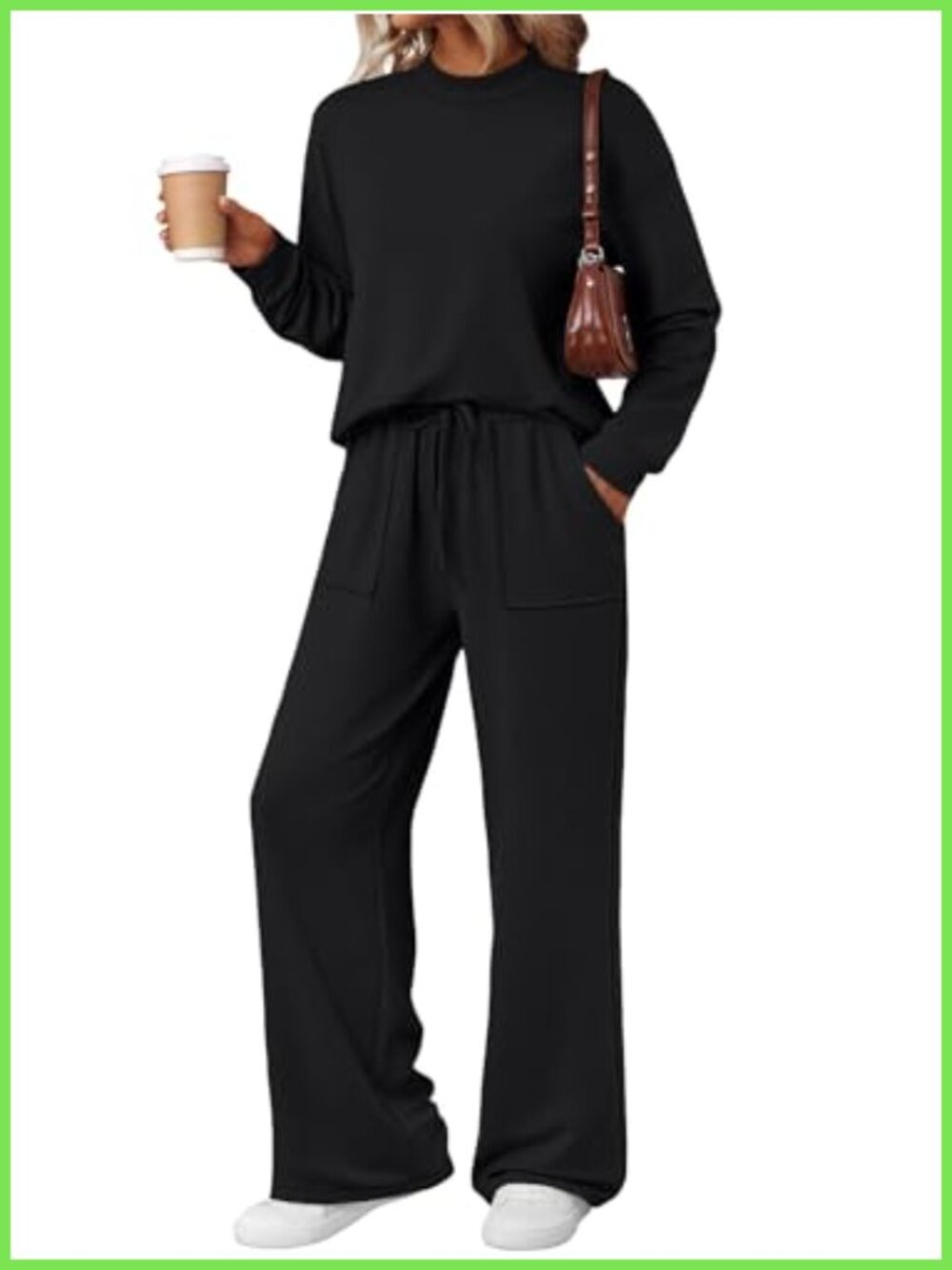 Lounge Set Mock Neck Top & Wide Leg Drawstring Pants with Pockets
